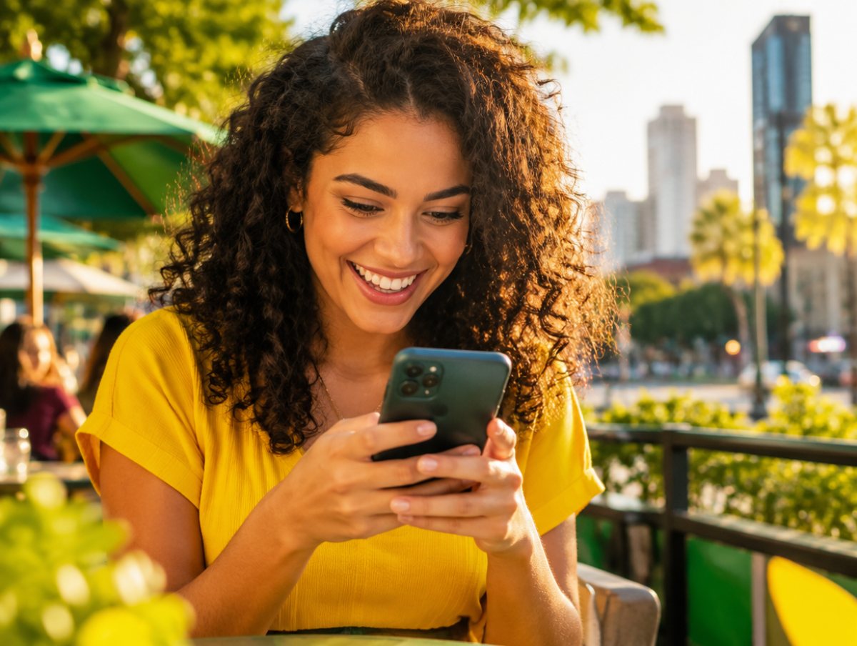 Mulher sorrindo olhando ofertas da Gooplan no celular