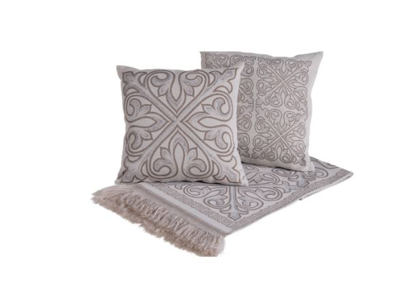 Kit Xale Sofá Com Almofadas Cheias Jacquard 5Pçs Dupla Face - Cáqui