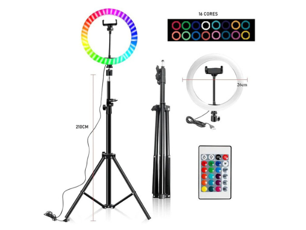 Kit Iluminador Ring Light 26cm RGB: Tripé 2,10m, Suporte Celular e Controle Inclusos por Apenas R$119,99